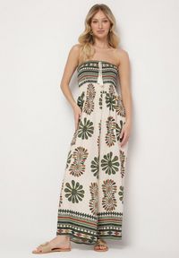Born2be - Zielono-Kremowy Kombinezon Bez Rękawów z Szeroką Nogawką w Ornamentalny Wzór Mirionia. Okazja: na co dzień, na imprezę. Kolor: zielony. Długość rękawa: bez rękawów. Styl: casual, elegancki #3