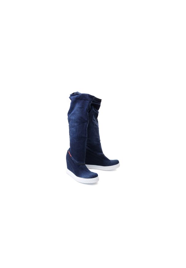 Lanqier - LANQIER 41C210 jeans, kozaki damskie. Kolor: niebieski. Materiał: jeans. Szerokość cholewki: normalna. Obcas: na koturnie