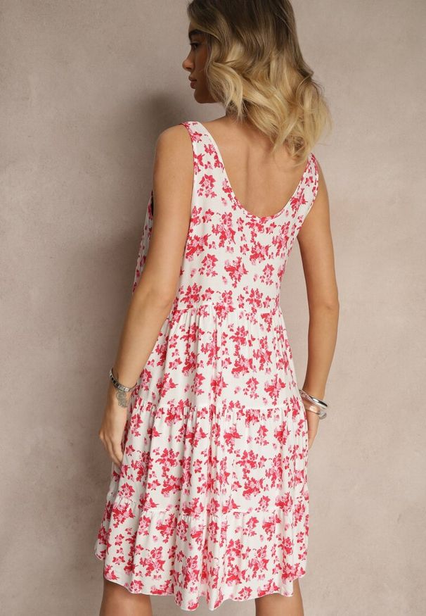 Renee - Biało-Różowa Bawełniana Sukienka o Rozkloszowanym Kroju w Kwiaty Anniliane. Kolor: biały. Materiał: bawełna. Długość rękawa: na ramiączkach. Wzór: kwiaty. Sezon: lato. Styl: boho, elegancki