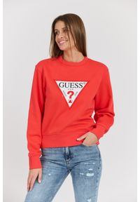 Guess - GUESS Czerwona damska bluza z dużym logo Original Fleece, Rozmiar S. Okazja: na co dzień. Typ kołnierza: bez kaptura. Kolor: czerwony. Materiał: materiał, poliester, bawełna. Styl: casual