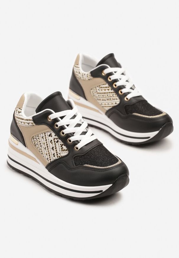 Born2be - Czarne Sneakersy na Koturnie Ozdobione Brokatem Tilliante. Okazja: na co dzień. Kolor: czarny. Materiał: jeans. Wzór: aplikacja. Obcas: na koturnie