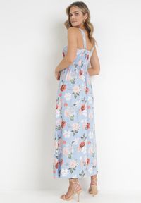 Born2be - Niebieska Sukienka Maxi na Szerokich Ramiączkach z Ozdobnymi Guzikami w Kwiaty Delphyne. Kolor: niebieski. Materiał: tkanina. Długość rękawa: na ramiączkach. Wzór: kwiaty. Długość: maxi #4