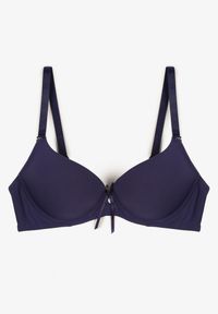 Born2be - Granatowy Gładki Biustonosz Push Up z Ozdobną Aplikacją Idanisse. Kolor: niebieski. Materiał: jeans. Rodzaj stanika: push-up. Wzór: aplikacja, gładki #4