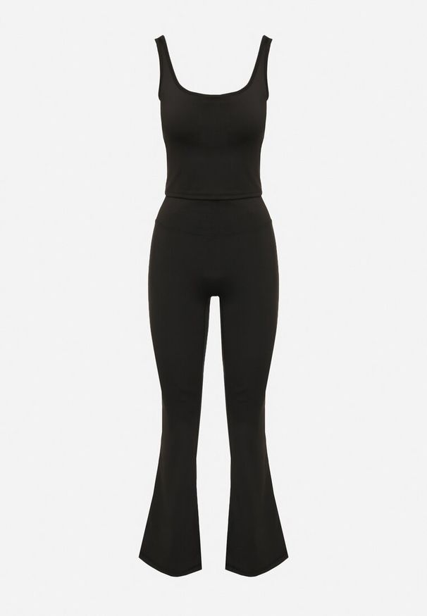 Born2be - Czarny Komplet Sportowy Top na Ramiączkach i Spodnie Dzwony ze Ściągaczem Froessa. Kolor: czarny