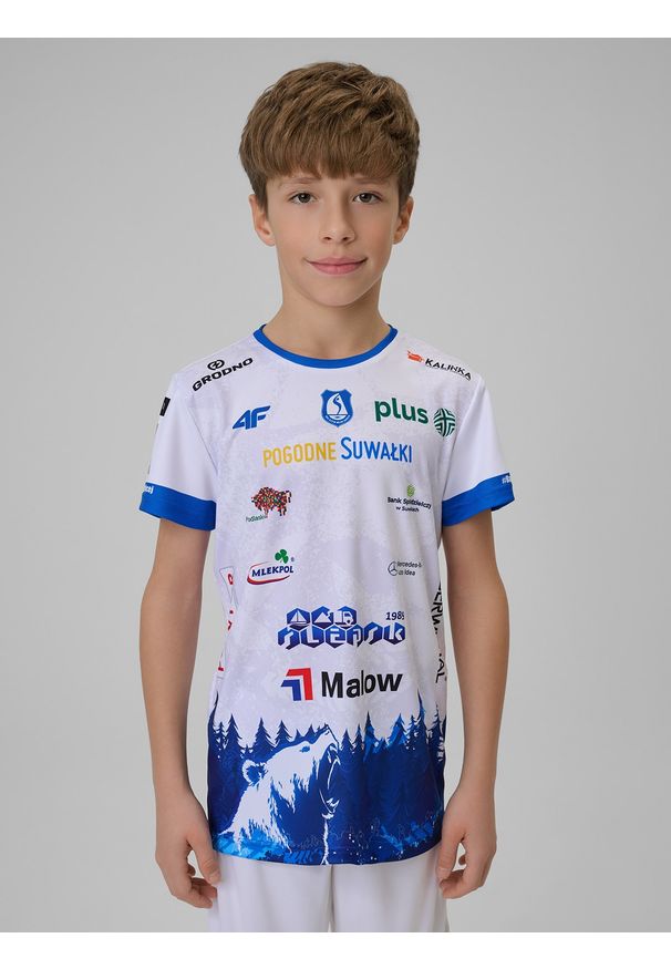 4f - 4F Koszulka meczowa replika domowa z sezonu 2025/26 dziecięca 4F x Ślepsk Suwałki - biała 158/164 (12-14 lat). Okazja: do domu. Kolor: biały. Materiał: dzianina, materiał. Wzór: nadruk. Sezon: lato. Styl: młodzieżowy