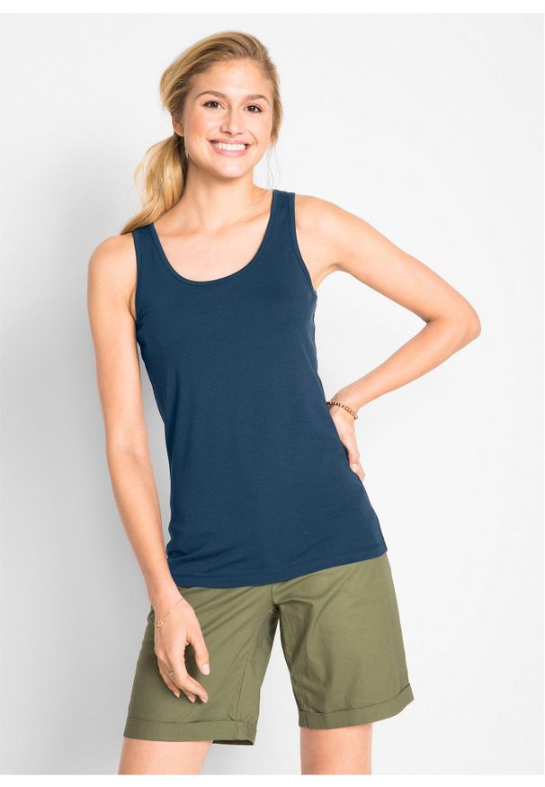 bonprix - Tank top ze stretchem (2 szt. w opak.). Okazja: na co dzień. Kolor: niebieski. Materiał: bawełna, materiał. Długość rękawa: na ramiączkach. Styl: casual