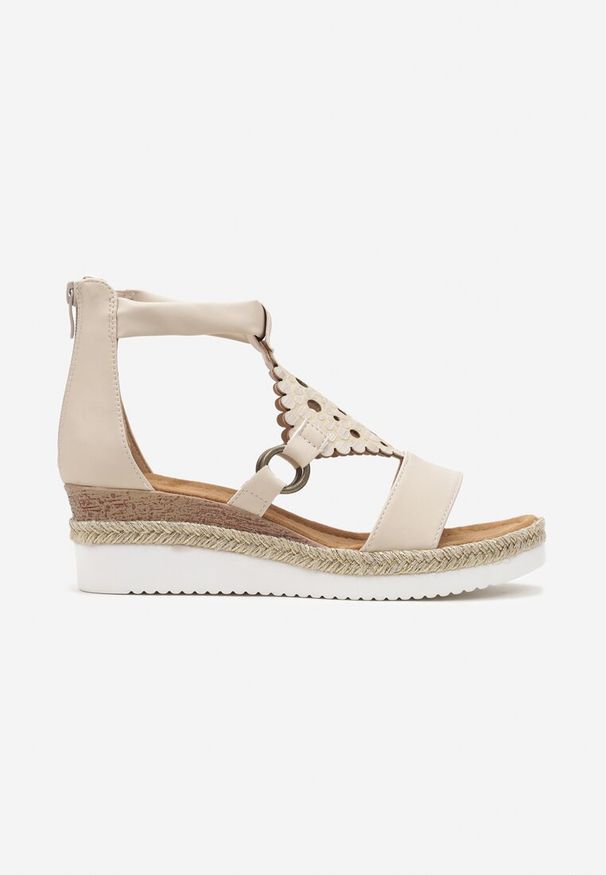 Renee - Beżowe Sandały na Koturnie z Ekoskóry Zapinane na Suwak Obissa. Kolor: beżowy. Wzór: aplikacja. Sezon: lato. Obcas: na koturnie