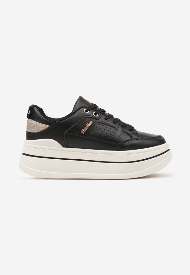 Renee - Czarne Sneakersy z Brokatem na Platformie Larinea. Zapięcie: sznurówki. Kolor: czarny. Materiał: jeans. Wzór: aplikacja. Obcas: na platformie
