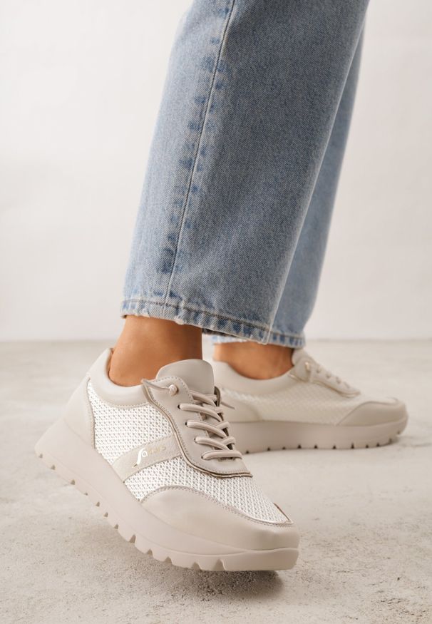 Born2be - Beżowe Sneakersy na Grubej Podeszwie ze Skórzaną Wkładką i Napisem Airarge. Okazja: na co dzień. Zapięcie: sznurówki. Kolor: beżowy. Materiał: skóra. Wzór: napisy