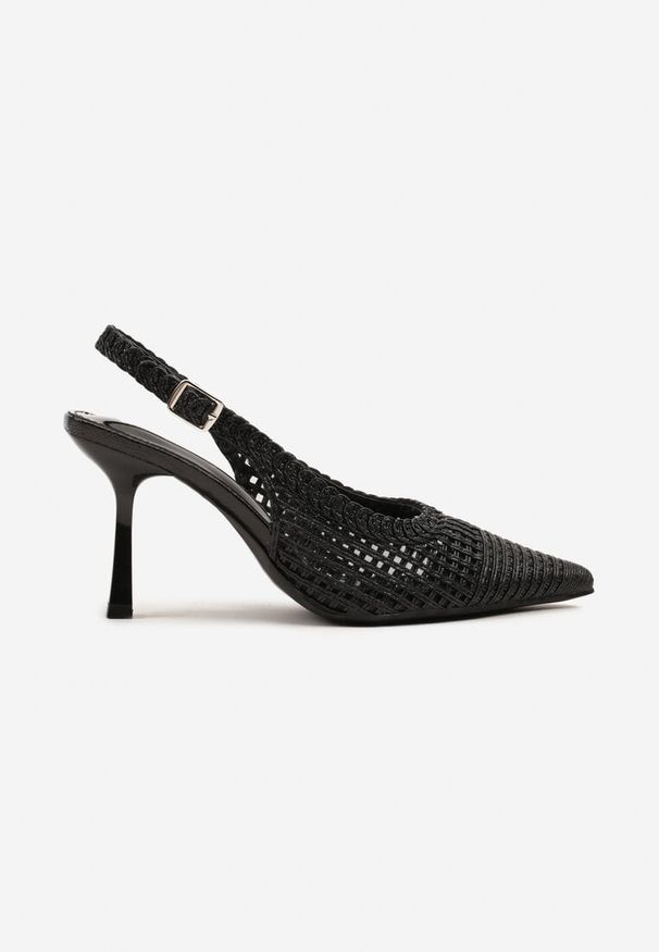 Renee - Czarne Sandały na Szpilce Typu Slingback Ozdobione Plecionką Meranoria. Okazja: na co dzień. Zapięcie: sprzączka. Kolor: czarny. Wzór: aplikacja. Obcas: na szpilce. Styl: elegancki, casual