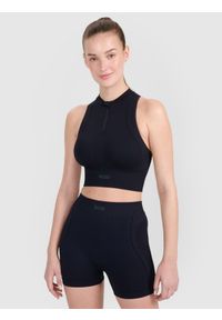 4f - 4F Crop-top treningowy slim bezszwowy damski - czarny XS/S. Typ kołnierza: kołnierzyk stójkowy. Kolor: czarny. Materiał: dzianina, włókno, syntetyk, materiał, skóra. Długość rękawa: bez rękawów. Wzór: gładki, ze splotem. Sport: fitness