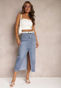 Renee - Niebieska Jeansowa Spódnica Midi Abexa. Stan: podwyższony. Kolor: niebieski. Materiał: jeans. Wzór: aplikacja. Styl: elegancki