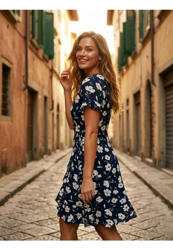 Sinsay - Kopertowa sukienka midi w kwiaty - czarny. Kolor: czarny. Wzór: kwiaty. Typ sukienki: kopertowe. Długość: midi