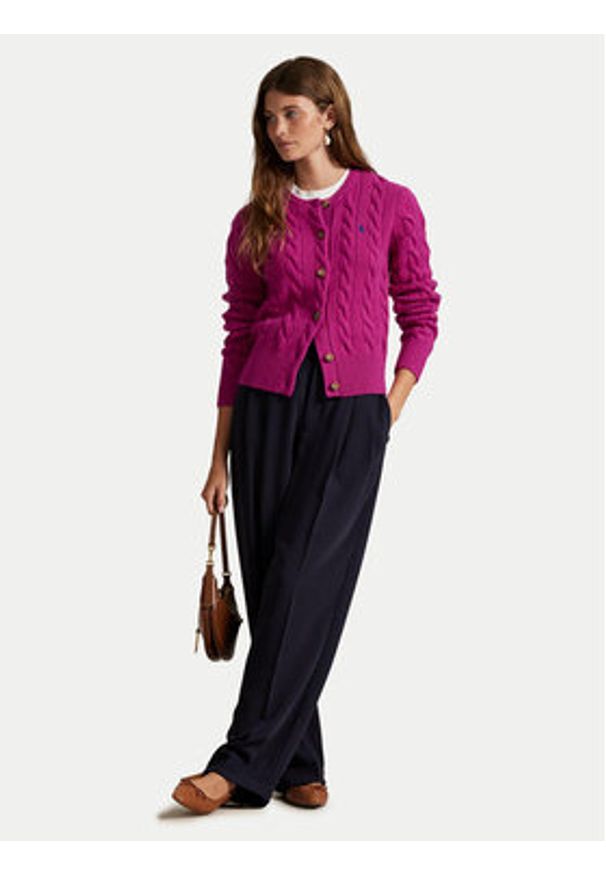 Polo Ralph Lauren Kardigan 211972104006 Różowy Slim Fit. Typ kołnierza: polo. Kolor: różowy. Materiał: wełna