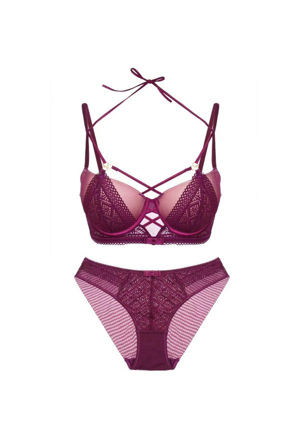 Intica - Komplet bielizny z haftem i regulowanymi paskami Volkea. Kolor: fioletowy. Materiał: materiał. Wzór: haft