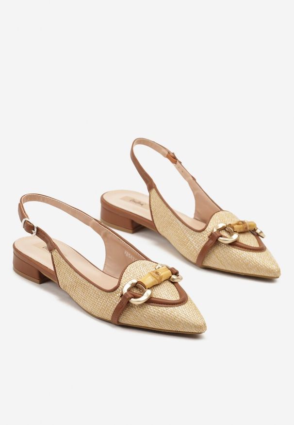 Renee - Brązowe Tweedowe Sandały Slingback z Ozdobną Aplikacją Davira. Okazja: na co dzień. Kolor: brązowy. Materiał: materiał, koronka. Wzór: aplikacja. Styl: elegancki, casual