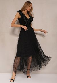 Renee - Czarna Półtransparentna Spódnica z Tłoczeniami o Rozkloszowanym Kroju z Gumką w Talii Zeridra. Okazja: na co dzień. Kolor: czarny. Styl: casual, elegancki #5