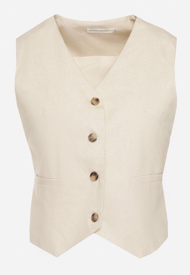 Born2be - Beżowa Bawełniana Kamizelka Garniturowa Zapinana na Guziki Tiamaire. Okazja: na co dzień. Kolor: beżowy. Materiał: bawełna. Wzór: aplikacja. Styl: casual, elegancki