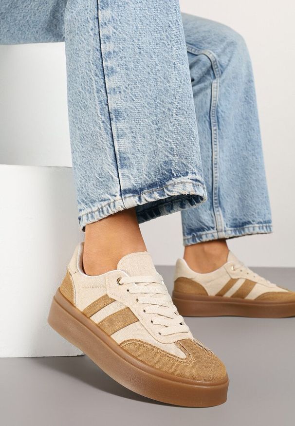 Renee - Beżowe Sneakersy Tenisówki na Kauczukowej Podeszwie Ardisora. Okazja: na co dzień. Kolor: beżowy. Materiał: kauczuk. Wzór: aplikacja