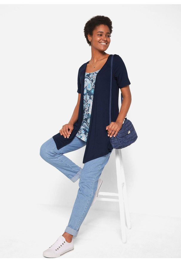 bonprix - Koszulka 2 w 1 z nadrukiem i okrągłym dekoltem. Kolor: niebieski. Długość rękawa: krótki rękaw. Długość: krótkie. Wzór: nadruk