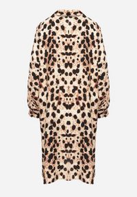 Born2be - Beżowa Wiskozowa Sukienka Koszulowa z Lnem w Panterkę w Stylu Nietoperza Emarille. Okazja: na co dzień. Kolor: beżowy. Materiał: len, wiskoza. Wzór: motyw zwierzęcy. Typ sukienki: koszulowe. Styl: klasyczny, casual #4