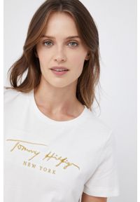 TOMMY HILFIGER - Tommy Hilfiger - T-shirt bawełniany. Okazja: na co dzień. Kolor: beżowy. Materiał: bawełna. Wzór: aplikacja. Styl: casual #3
