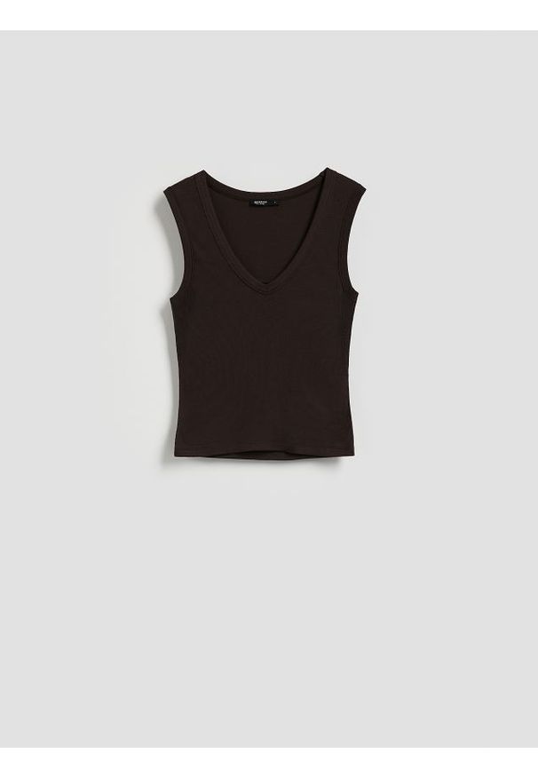 Reserved - Top z modalem - ciemnobrązowy. Kolor: brązowy. Materiał: dzianina