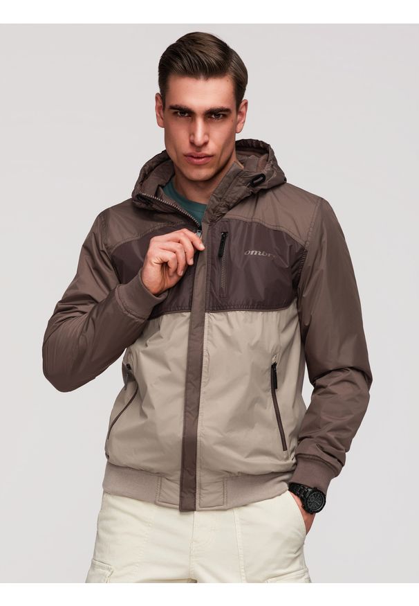 Ombre Clothing - Lekka kolorowa męska sportowa kurtka z polarem – beżowo-ciemnobrązowa V19 - Rozmiar: M. Typ kołnierza: kołnierzyk stójkowy. Kolor: beżowy. Materiał: polar. Wzór: kolorowy. Styl: sportowy