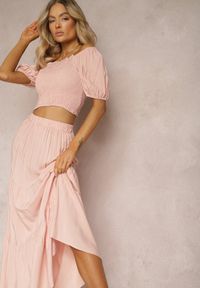 Renee - Różowy Wiskozowy Komplet Rozkloszowana Spódnica i Bluzka Hiszpanka Veonica. Kolor: różowy. Materiał: wiskoza