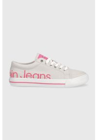 Calvin Klein Jeans tenisówki damskie kolor szary. Nosek buta: okrągły. Zapięcie: sznurówki. Kolor: szary. Materiał: materiał. Szerokość cholewki: normalna #1