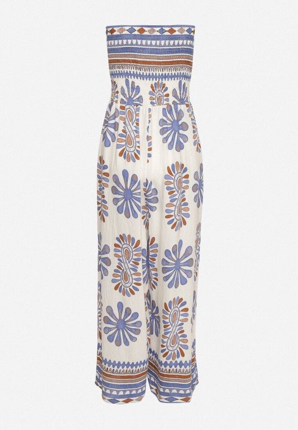 Born2be - Niebiesko-Kremowy Kombinezon Bez Rękawów z Szeroką Nogawką w Ornamentalny Wzór Mirionia. Okazja: na co dzień, na imprezę. Kolor: niebieski. Długość rękawa: bez rękawów. Styl: casual, elegancki