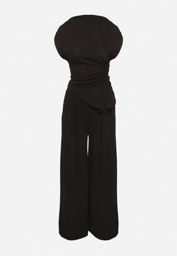 Born2be - Czarny Komplet Asymetryczna Bluzka z Marszczeniem i Szerokie Spodnie Filuriela. Kolor: czarny