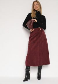 Born2be - Bordowa Rozkloszowana Wiskozowa Spódnica z Bawełną Ozdobiona Paskiem Nawedea. Okazja: na co dzień. Kolor: czerwony. Materiał: bawełna, wiskoza. Wzór: aplikacja. Styl: klasyczny, casual, elegancki #5