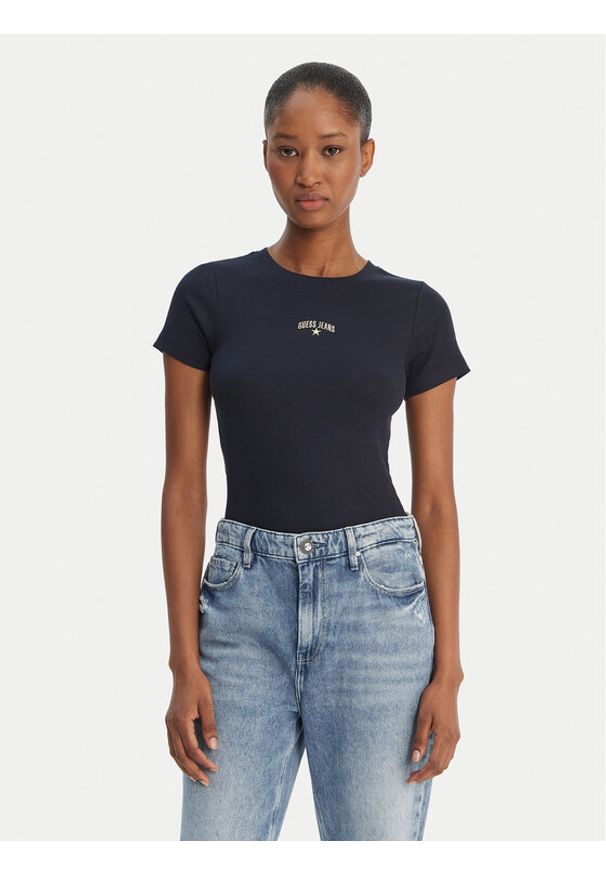 Guess Jeans T-Shirt W6GPZ3 KA0H1 Granatowy Slim Fit. Kolor: niebieski. Materiał: bawełna