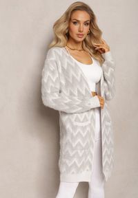Renee - Szary Niezapinany Kardigan o Przedłużonym Fasonie w Zygzaki Chevron Oherna. Kolor: szary. Materiał: tkanina. Długość: długie. Wzór: paski