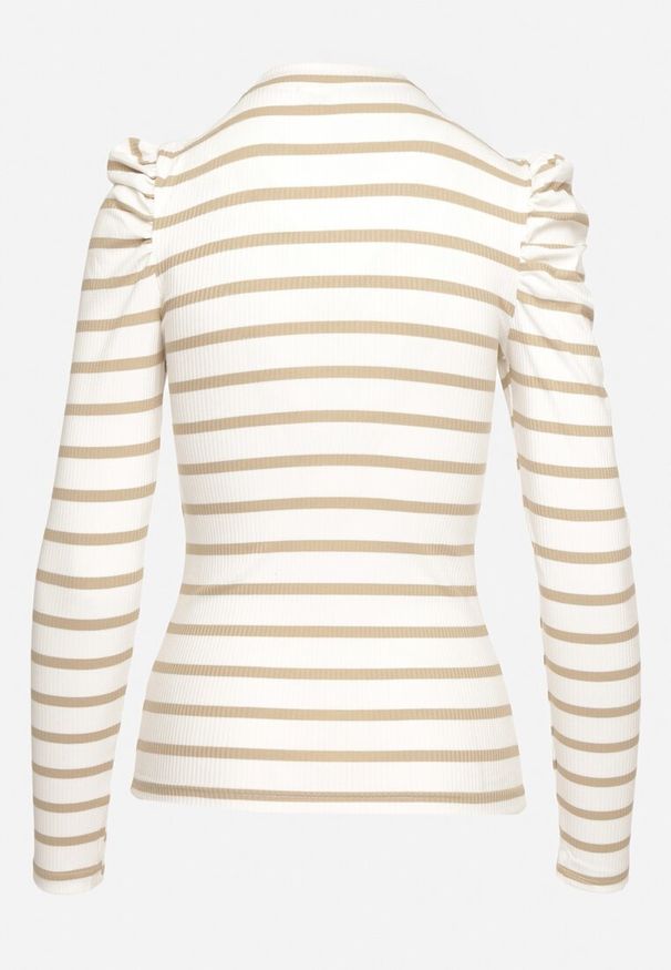 Born2be - Biało-Beżowa Prążkowana Bluzka z Bawełny w Paski z Bufiastymi Rękawami Senarion. Okazja: na co dzień, na spotkanie biznesowe. Kolor: biały. Materiał: prążkowany, bawełna. Długość rękawa: długi rękaw. Długość: długie. Wzór: paski. Styl: casual, biznesowy, elegancki