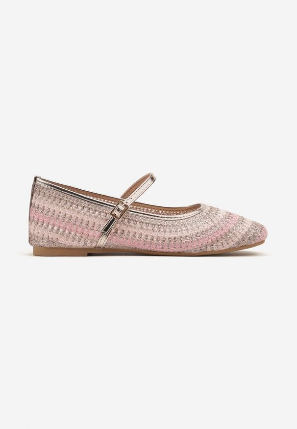 Renee - Różowo-Złote Balerinki Mary Jane Ozdobione Metaliczną Nicią Ilimalla. Okazja: na spacer. Zapięcie: sprzączka. Kolor: różowy. Materiał: jeans. Wzór: aplikacja. Styl: elegancki