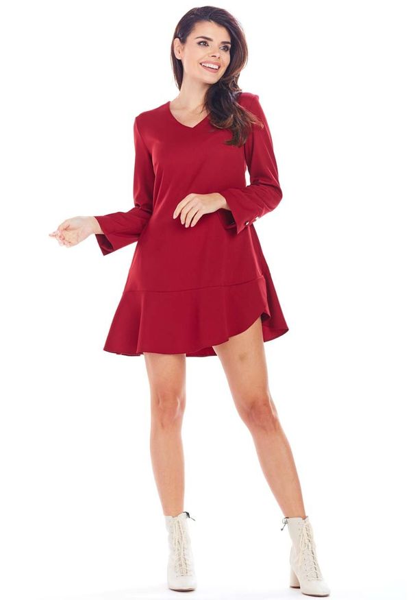 Awama - Trapezowa Sukienka z Guzikami - Bordowa. Kolor: czerwony. Materiał: poliester, elastan. Typ sukienki: trapezowe