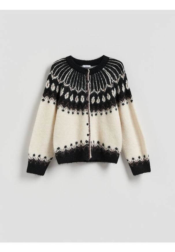 Reserved - Wzorzysty kardigan - wielobarwny. Materiał: dzianina, wełna