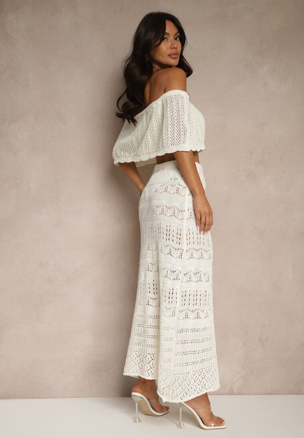 Renee - Jasnobeżowy Ażurowy Komplet z Bawełną Spódnica i Top z Hiszpańskim Dekoltem Folanea. Kolor: beżowy. Materiał: bawełna. Wzór: ażurowy