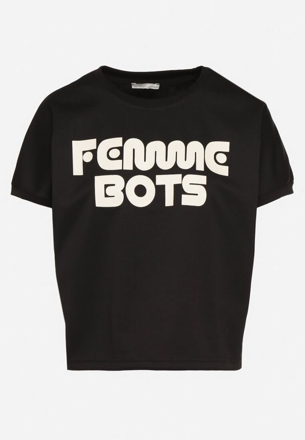 Born2be - Czarny T-shirt Ozdobiony Napisem Devenee. Okazja: na co dzień. Kolor: czarny. Materiał: jeans. Wzór: aplikacja, napisy. Styl: klasyczny, casual