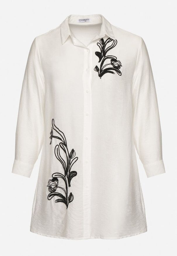 Born2be - Biała Koszulowa Sukienka z Wiskozy Zdobiona Kwiatowym Haftem Nalilsa. Okazja: na co dzień. Typ kołnierza: kołnierzyk klasyczny. Kolekcja: plus size. Kolor: biały. Materiał: wiskoza. Wzór: aplikacja, kwiaty, haft. Typ sukienki: koszulowe. Styl: elegancki, klasyczny, casual
