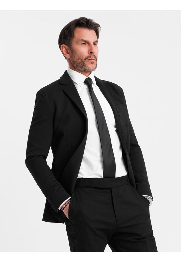 Ombre Clothing - Marynarka męska SLIM z dzianiny o subtelnej strukturze – czarna V2. Okazja: do pracy. Kolor: czarny. Materiał: dzianina. Wzór: kolorowy. Styl: klasyczny