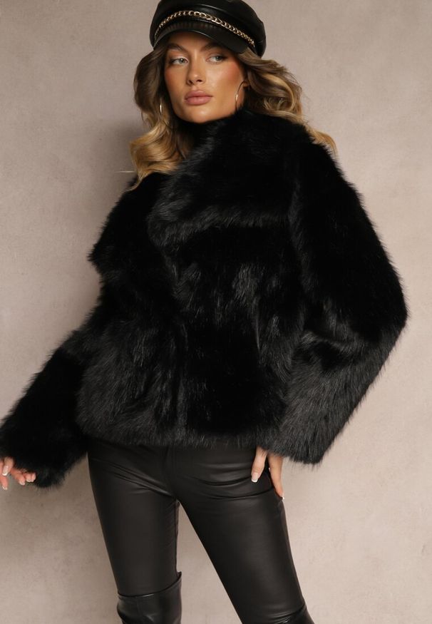Renee - Czarna Elegancka Kurtka Futerko z Kołnierzem Vertirida. Okazja: na co dzień, na spacer. Kolor: czarny. Materiał: futro. Sezon: zima. Styl: elegancki