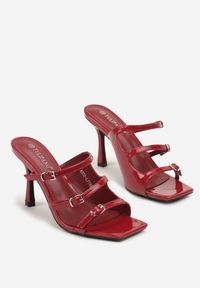 Born2be - Bordowo-Czerwone Klapki na Szpilce z Kwadratowym Noskiem i Ozdobnymi Paskami Bannolia. Okazja: na co dzień. Kolor: czerwony. Materiał: jeans. Wzór: paski. Obcas: na szpilce. Styl: casual, elegancki, wizytowy