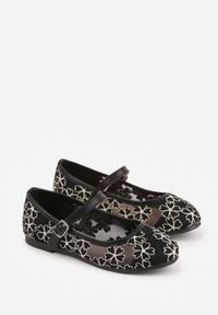 Born2be - Czarne Siateczkowe Balerinki z Paskiem z Klamerką i Haftowanymi Kwiatami Erolea. Okazja: na co dzień, na uczelnię. Zapięcie: pasek. Kolor: czarny. Materiał: jeans. Wzór: haft, kwiaty. Styl: casual #6