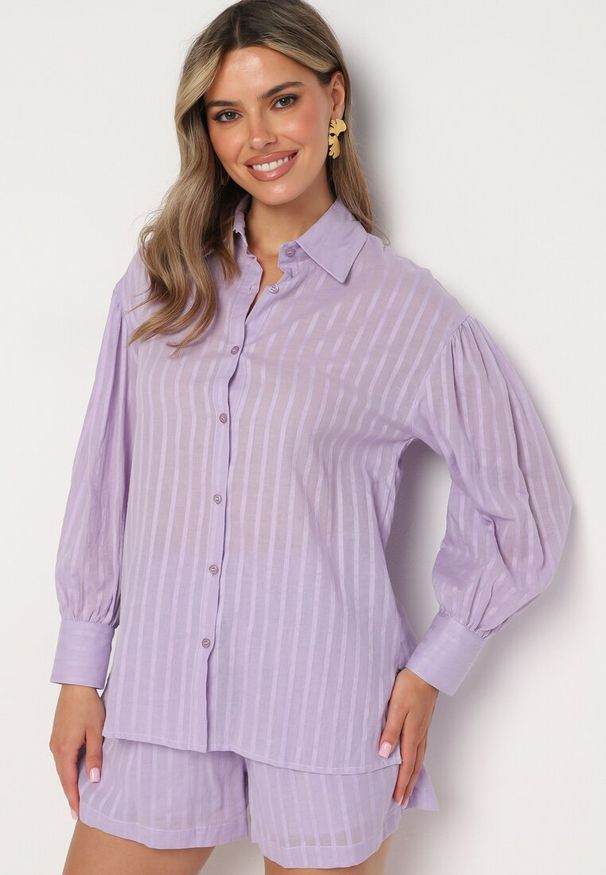 Born2be - Fioletowy 2-cześciowy Komplet z Szortami i Elegancką Koszulą Alesa. Kolor: fioletowy