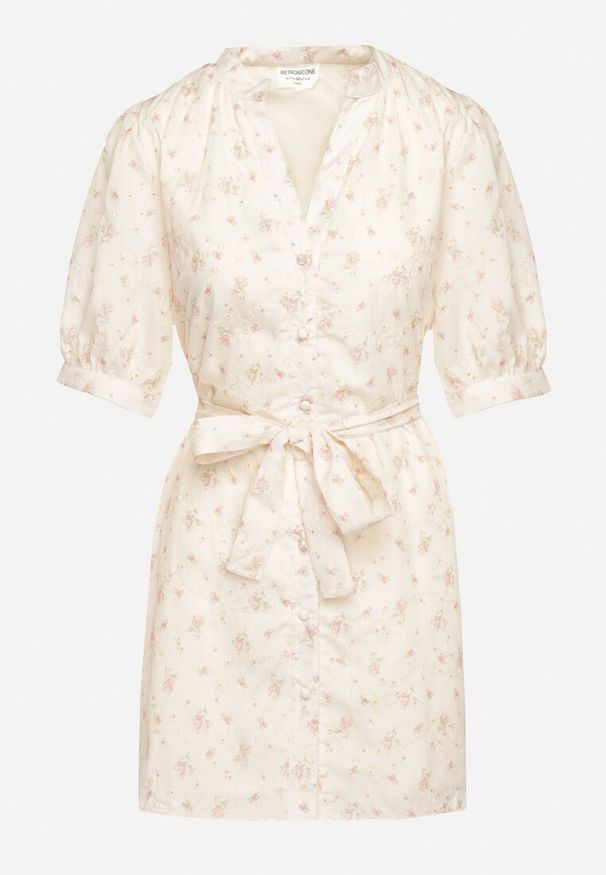 Born2be - Beżowo-Różowa Sukienka o Koszulowym Kroju na Guziki z Materiałowym Paskiem Belsagia. Okazja: na co dzień. Typ kołnierza: dekolt w kształcie V. Kolor: beżowy. Materiał: materiał. Typ sukienki: koszulowe. Styl: klasyczny, casual, elegancki