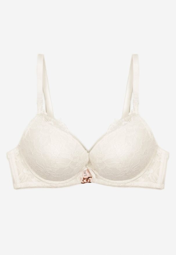 Born2be - Beżowy Biustonosz z Ozdobną Koronką i Metaliczną Ozdobą Terzedi. Kolor: beżowy. Materiał: koronka. Rodzaj stanika: odpinane ramiączka. Wzór: koronka, aplikacja