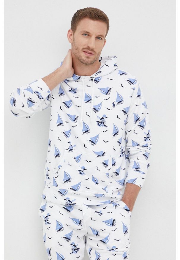 Polo Ralph Lauren bluza bawełniana męska kolor biały z kapturem wzorzysta. Typ kołnierza: polo, kaptur. Kolor: biały. Materiał: bawełna
